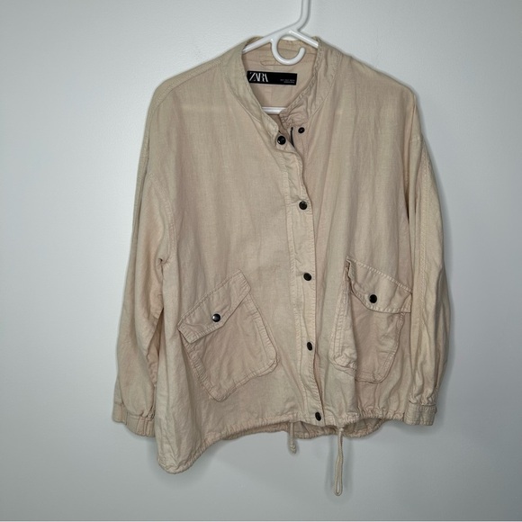 ZARA Linen Blend Utility Cargo Jacket Small Women Neutral Beige Lightweight - Picture 2 of 12